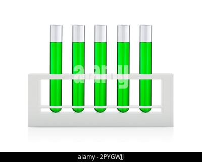 Grüne Flüssigkeiten in Reagenzgläsern, isoliert auf weißem Hintergrund Stockfoto