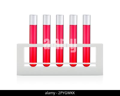Rote Flüssigkeiten in Reagenzgläsern, isoliert auf weißem Hintergrund Stockfoto