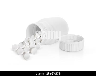 Pillen, die aus der Pillenflasche verschüttet wurden, isoliert auf weißem Hintergrund Stockfoto