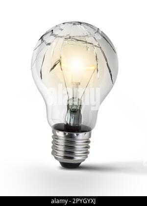 Defekte Glühlampe, isolierter weißer Hintergrund Stockfoto