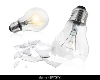 Defekte Glühbirne isoliert auf weißem Hintergrund Stockfoto