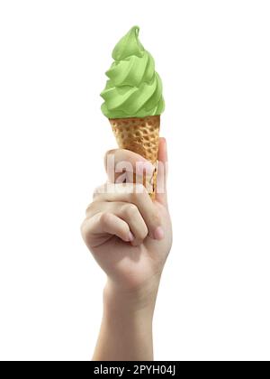 Eine Frauenhand, die eine Eiscreme auf weißem Hintergrund hält Stockfoto