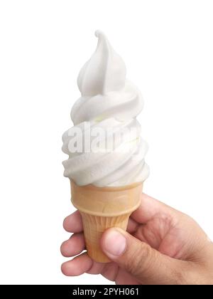 Eine Männerhand, die eine Eiscreme auf weißem Hintergrund hält Stockfoto