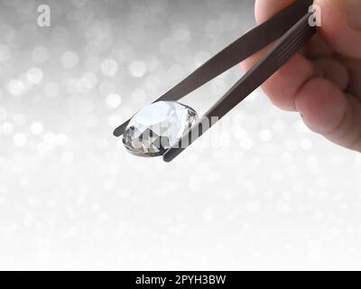 Brillanter Diamant mit Pinzette auf weißem, glänzendem Bokeh-Hintergrund. Konzept zur Auswahl des besten Diamantsteins Stockfoto