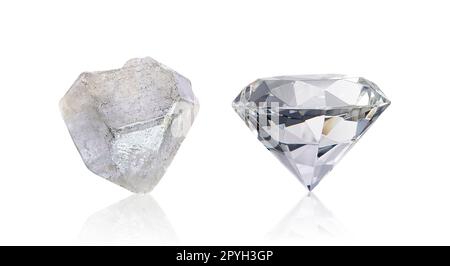 Blendender Diamant vor und nach dem ungeschnittenen Schnitt auf weißem Hintergrund Stockfoto