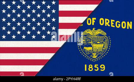 Flaggen der USA und Oregons. Politisches Konzept. Amerikanische Nationalflaggen und Oregon-Flaggen Stockfoto