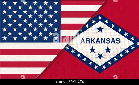 Flaggen der USA und Arkansas. Politisches Konzept. Zwei Fahnen auf der Gewebeoberfläche Stockfoto