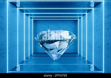 Schillernder Diamant, glänzend weiß. Abstrakter blauer Innenraum mit weißen Neonlampen. 3D-Rendern Stockfoto