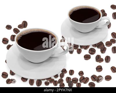 Kaffeetasse und Bohnen auf Weiß Stockfoto