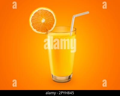 Frischer Orangensaft mit Früchten, isoliert auf orangefarbenem Hintergrund Stockfoto