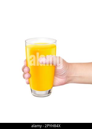 Glas Orangensaft in der Hand, isoliert auf weißem Hintergrund Stockfoto