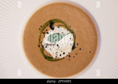 Leckere, dickbraune Kürbis-Pilz-Creme-Suppe, Mascarpone-Pasta, Kräutersauce, grünes Blatt in Mousse. Draufsicht Stockfoto