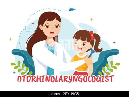 Hals-Nasen-Ohren-Heilkunde Illustration mit Medical in Bezug auf Ohr, Nase und Rachen in Kids Healthcare Cartoon Hand Drawn Landing Page Templates Stockfoto