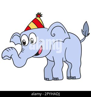 Ein Elefant feiert einen Geburtstag. Bild des doodle-Symbols Stockfoto