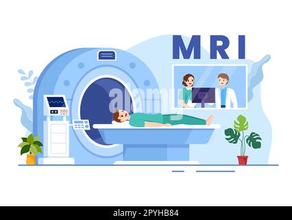 MRT- oder Magnetresonanztomographie-Illustration mit Arzt und Patient bei medizinischer Untersuchung und CT-Scan in flachen, handgezeichneten Schablonen Stockfoto