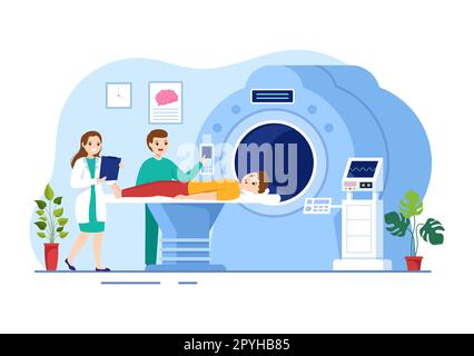 MRT- oder Magnetresonanztomographie-Illustration mit Arzt und Patient bei medizinischer Untersuchung und CT-Scan in flachen, handgezeichneten Schablonen Stockfoto