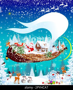 Der Weihnachtsmann, ein Rentier und ein Schneemann fliegen auf einem fliegenden Schiff durch den Himmel, vor einem verschneiten Winterwald. Weihnachtsabend. Waldtiere freuen sich Stockfoto