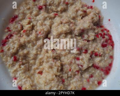 Bio-Müsli mit Hafer, Puderzucker und trockenen Himbeeren. Gesundes Müsli mit Wasser gewürzt. Kalorienarme Diät. Antidiabetika Stockfoto