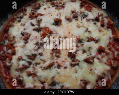 Die ganze Pizza aus der Nähe. Köstliche, saftige runde Pizza mit Tomaten und Salami. Der geschmolzene Käse gießt über die Oberfläche des gebackenen Kuchens. Gegenlicht. Weich verschwommener Fokus Stockfoto