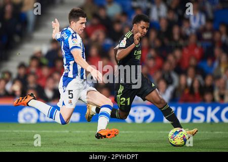 Rodrygo geht vom Real Madrid CF in Aktion während des Spiels La Liga Santander zwischen Real Sociedad und Real Madrid CF am 2. Mai im reale Arena Stadion, Stockfoto