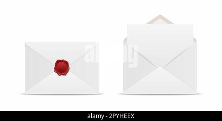 Vector Realistic White geschlossener Umschlag mit roter Wachsversiegelung und geöffnetem Umschlag mit Letter im Inneren. Symbolgruppe gefalteter und abgewickelter weißer Briefumschlag isoliert. Nachricht, Alarm, Überraschung, Geheimes Konzept Stockfoto