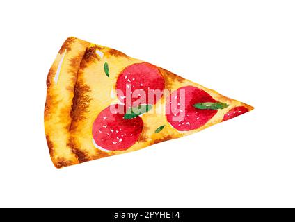 Pizza-Peperoni-Scheibe. Handgezeichnete Aquarelle. Stockfoto