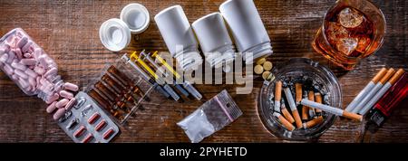 Süchtig machenden Substanzen, einschließlich Alkohol, Zigaretten und Drogen Stockfoto