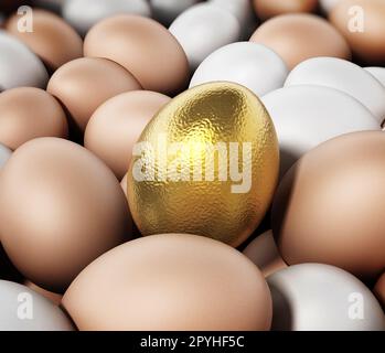 Goldene Ei heraus stehen unter braune und weiße Eier. 3D-Darstellung. Stockfoto