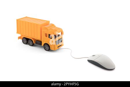 Gelber Lastwagen, Miniatur, mit Computermaus auf weißem Hintergrund verbunden Stockfoto