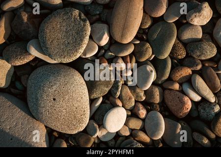 Steinkiesel am Strand als Hintergrund Stockfoto