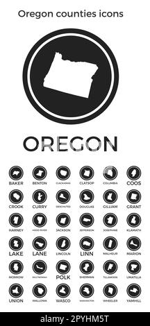 Symbole für Oregon Countys. Schwarze runde Logos mit Karten und Titeln der US-Bundesstaaten. Vektorabbildung. Stock Vektor