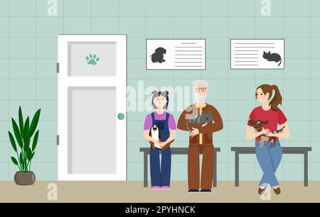 Die Leute warten in der Schlange, um einen Arzt in einer Tierklinik aufzusuchen. Arztpraxis. Vektordarstellung. Menschen und Tiere. Stock Vektor
