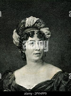 Dieses Bild von einem Gemälde von Francois Gerard ist von Madame. De Stael. Sie wurde von R G Tietze eingraviert. Madame de Staël (1766-1817) war eine politisch engagierte Brieffrau, die die Französische Revolution überlebte und mehr als einmal von Napoleon ins Exil verbannt wurde. Francois Pascal Simon Gérard, 1809 Baron Gérard, war ein prominenter französischer Maler. Er wurde in Rom geboren, wo sein Vater einen Posten im Haus des französischen Botschafters besaß. Stockfoto