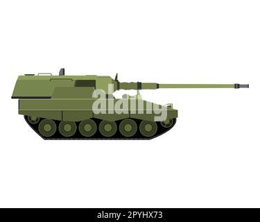 Selbstfahrende Haubitze in flacher Ausführung. Deutsch 155 mm Panzerhaubitze 2000. Militärgepanzertes Fahrzeug. Detaillierte, farbenfrohe Darstellung isoliert auf weiß b Stockfoto