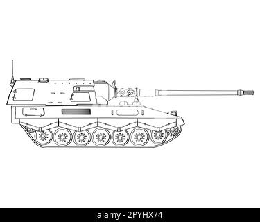 Militärgepanzerte Fahrzeugkritzelei. Selbstfahrende Haubitze. Deutsch 155 mm Panzerhaubitze 2000. Abbildung isoliert auf weißem Hintergrund. Stockfoto