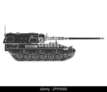 Militärisches gepanzertes Fahrzeug, schwarzes Doodle. Selbstfahrende Haubitze. Deutsch 155 mm Panzerhaubitze 2000. Abbildung isoliert auf weißem Hintergrund. Stockfoto