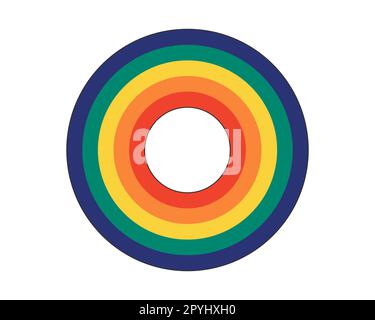 Retro-groovy regenbogenfarbenes Kreisspektrum. Vintage-Ring mit schillernden Farbbändern. Trendiges Y2K-Logo mit farbenfrohen gestreiften Zielscheiben. Aufkleber mit isoliertem Trippy-eps-Vektor Stock Vektor