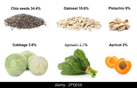 Set mit verschiedenen Produkten mit hohem Fasergehalt auf weißem Hintergrund Stockfoto