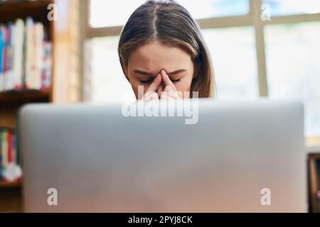 Ich hoffe, ich kann mir all diese Informationen merken. Eine junge Frau, die gestresst aussieht, während sie hinter einem Laptop sitzt. Stockfoto