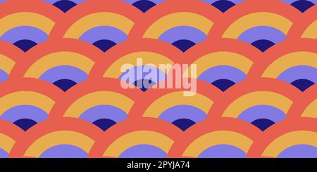 Nahtloses Muster mit Retro-Bogen-Verzierung. Orientalische Halbkreise im Hintergrund. Abstrakte geometrische Textur-Vorlage im 70s- oder 80s-Stil. Farbenfrohes Stoffmuster mit Textildesign. Vektordarstellung Stock Vektor