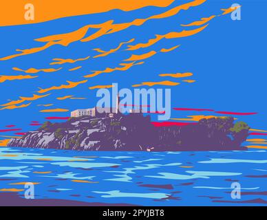 WPA-Posterkunst auf Alcatraz Island mit einem Leuchtturm, einer militärischen Festung und einem Bundesgefängnis in San Francisco, Kalifornien, USA Stockfoto