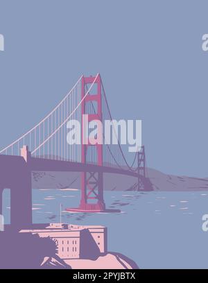WPA-Posterkunst der Golden Gate Bridge, die San Francisco Bay und den Pazifik verbindet und San Francisco mit Marin County, Kalifornien, USA, verbindet Stockfoto