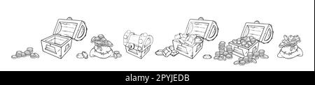 Schatztruhe und Tasche. Truhen mit Münzen und Edelsteinen, Geldbeutel für Spiele. Vektordarstellung isoliert auf weißem Hintergrund Stock Vektor