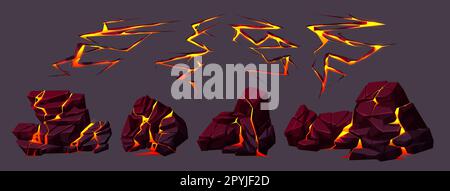 Vulkanische Bodenstruktur mit Lava in Rissen und gebrochenen Steinen. Vulkanische Felsen mit Lichteffekt in Rissen und Landoberflächenbrüche mit heißem Magma, Vektorgrafik Stock Vektor