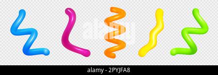 Realistischer Satz farbenfroher 3D-Spirallinien, isoliert auf transparentem Hintergrund. Vektordarstellung abstrakter, geschwungener Designelemente, glänzende Kunststoffröhren mit Farbe innen, kreative Zickzackdekoration Stock Vektor