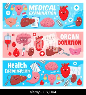 Cartoon-Körperorgancharaktere. Organspende, Behandlung, Medikamente. Gesundheitsvektor horizontale Banner mit Uterus, Blase, Leber und Gehirn, Kind Stock Vektor