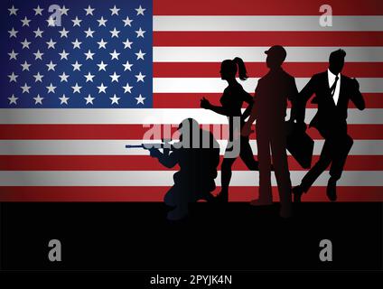 Silhouette von Menschen mit unterschiedlichem Beruf gegen amerikanische Flagge Stock Vektor