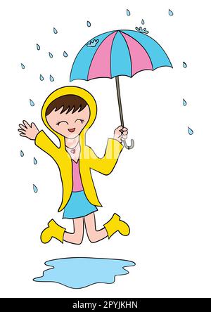 Cartoon-Illustration eines Mädchens, das mit Regenschirm im Regen spielt Stock Vektor