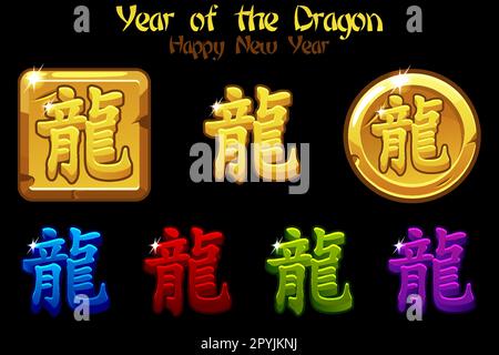 Goldener Drache auf Chinesisch, Astrologie-Zeichen. Symbol für das neue Jahr 2024 Stock Vektor