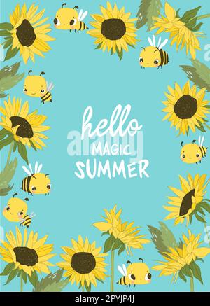 Süßer Cartoon-Rahmen mit Sonnenblumen und Bienen Stock Vektor